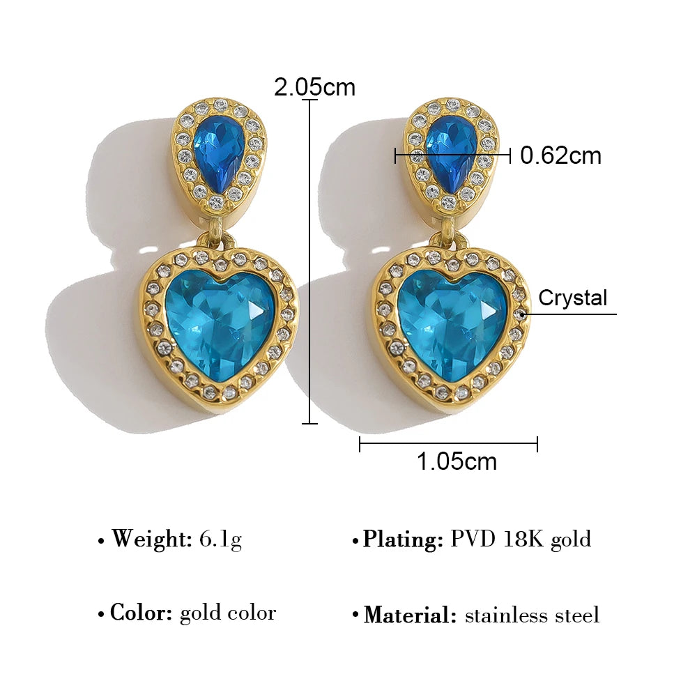 Drop Earrings Vintage Blue Crystal Heart — 316L Stainless Steel · PS466