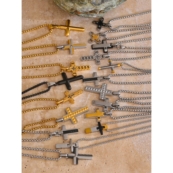 Gold-plated stainless steel cross necklace with multiple chains.