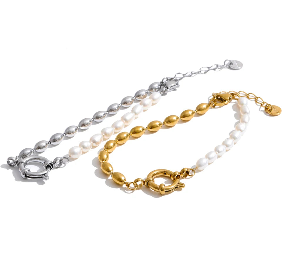 Freshwater Pearl Geometric Bracelet — Gold-Plated Stainless Steel with Freshwater Pearl · PS2057