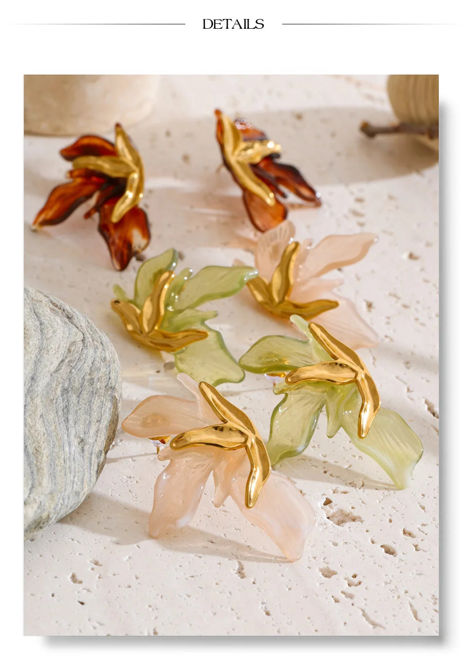 Green resin acrylic earrings in gold-plated stainless steel with resin and acrylic.