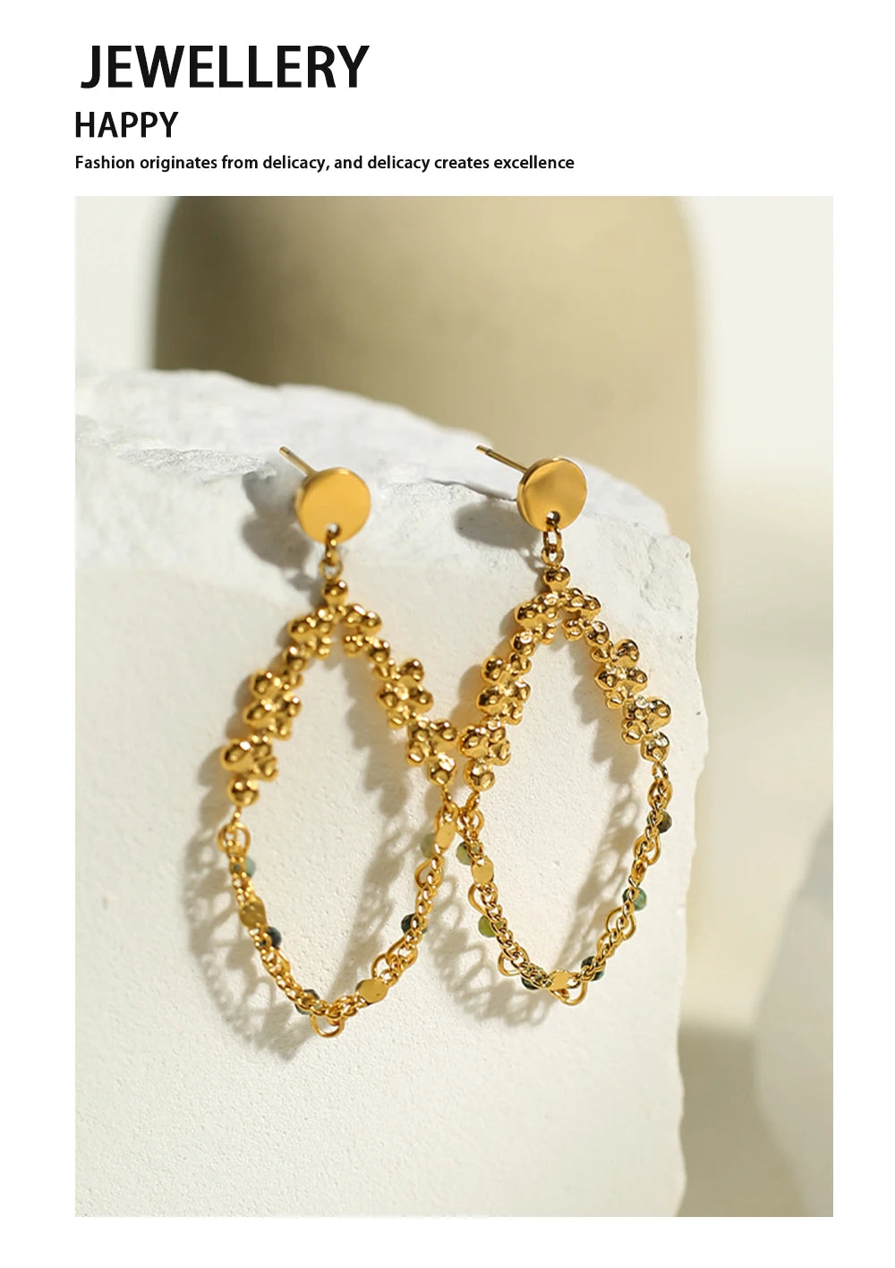 Natural Stone Chain Dangle Earrings — 316L Stainless Steel · PS479