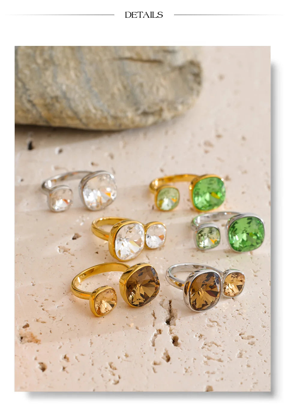 Cubic zirconia geometric ring in 18K gold-plated stainless steel with cubic zirconia.