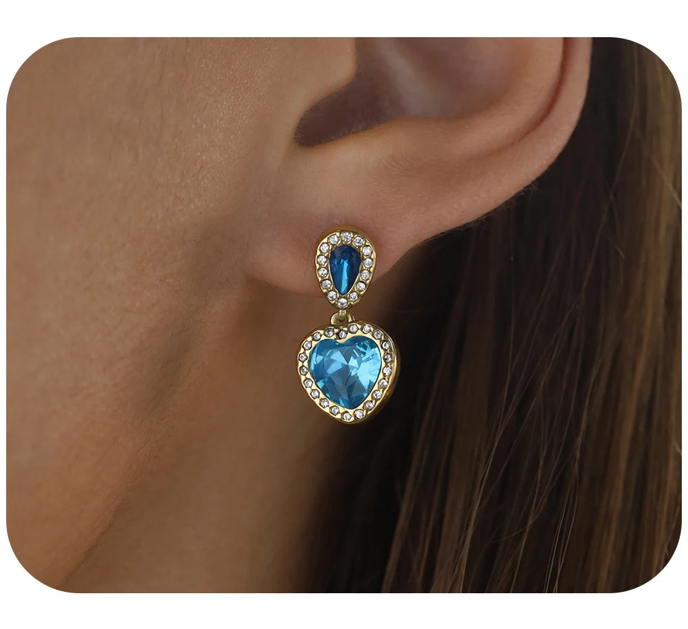 Drop Earrings Vintage Blue Crystal Heart — 316L Stainless Steel · PS466