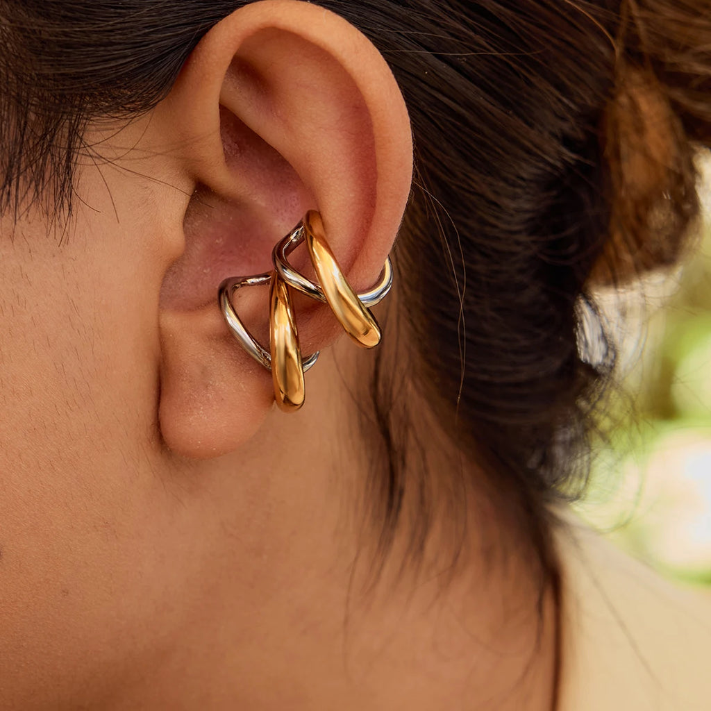 Two-Tone Cross Hoop Earrings — Stainless Steel · PS054