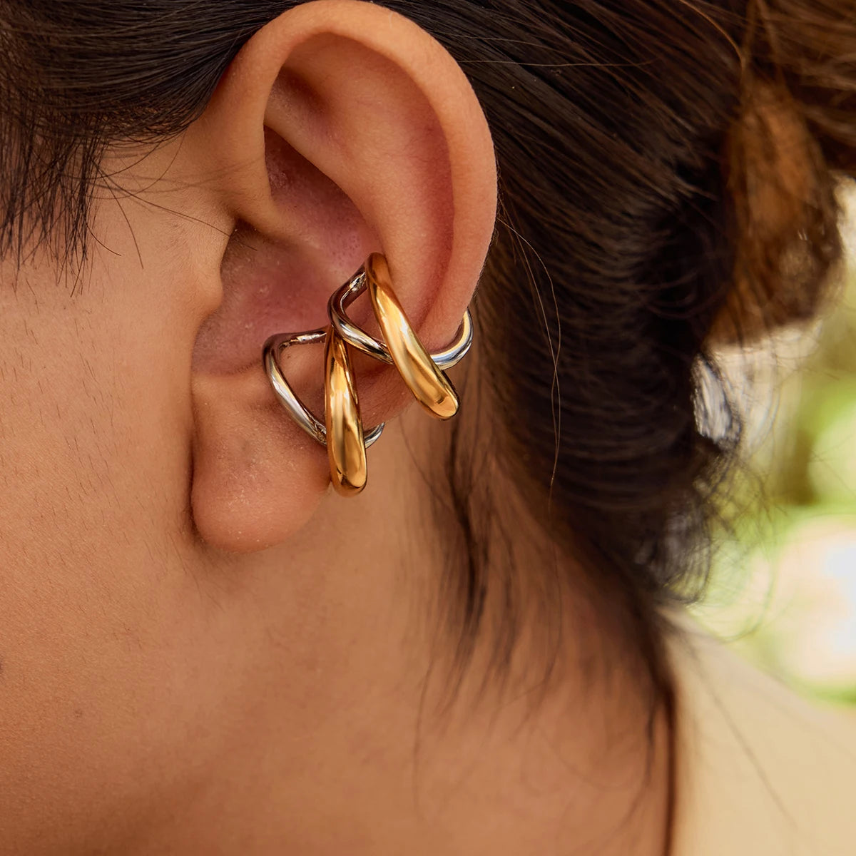 Two-Tone Cross Hoop Earrings — Stainless Steel · PS054