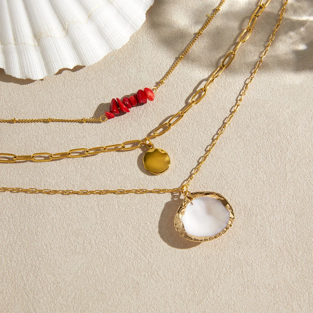 Shell Coin Layered Necklace — Stainless Steel · PS181