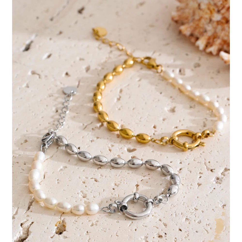 Freshwater Pearl Geometric Bracelet — Gold-Plated Stainless Steel with Freshwater Pearl · PS2057