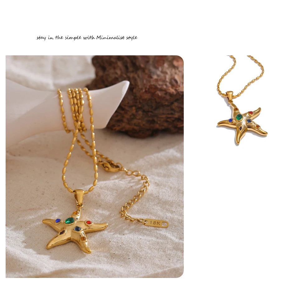 Cubic Zirconia Star Multi-Color Necklace — Gold-Plated Stainless Steel with Cubic Zirconia · PS2308