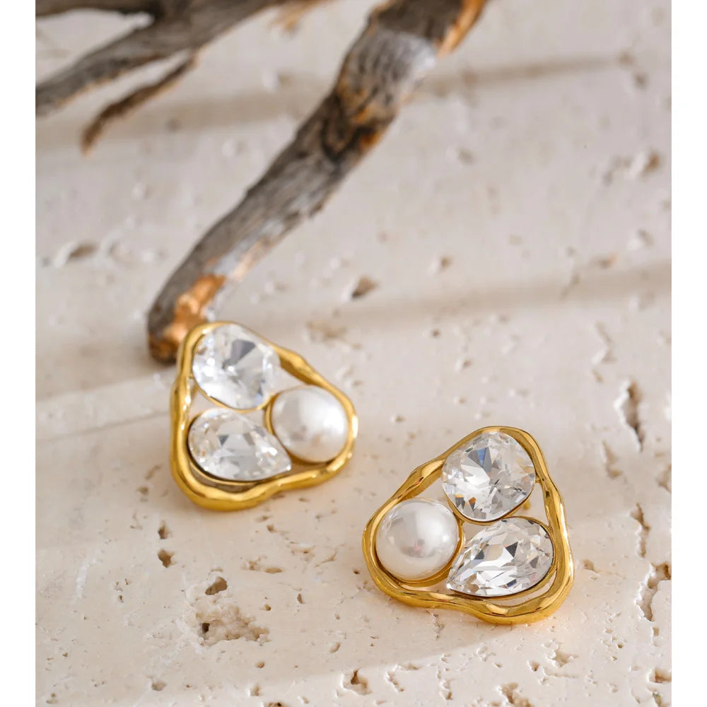 Cubic Zirconia Pearl Geometric Earrings — Gold-Plated Stainless Steel with Pearl and Cubic Zirconia · PS1441