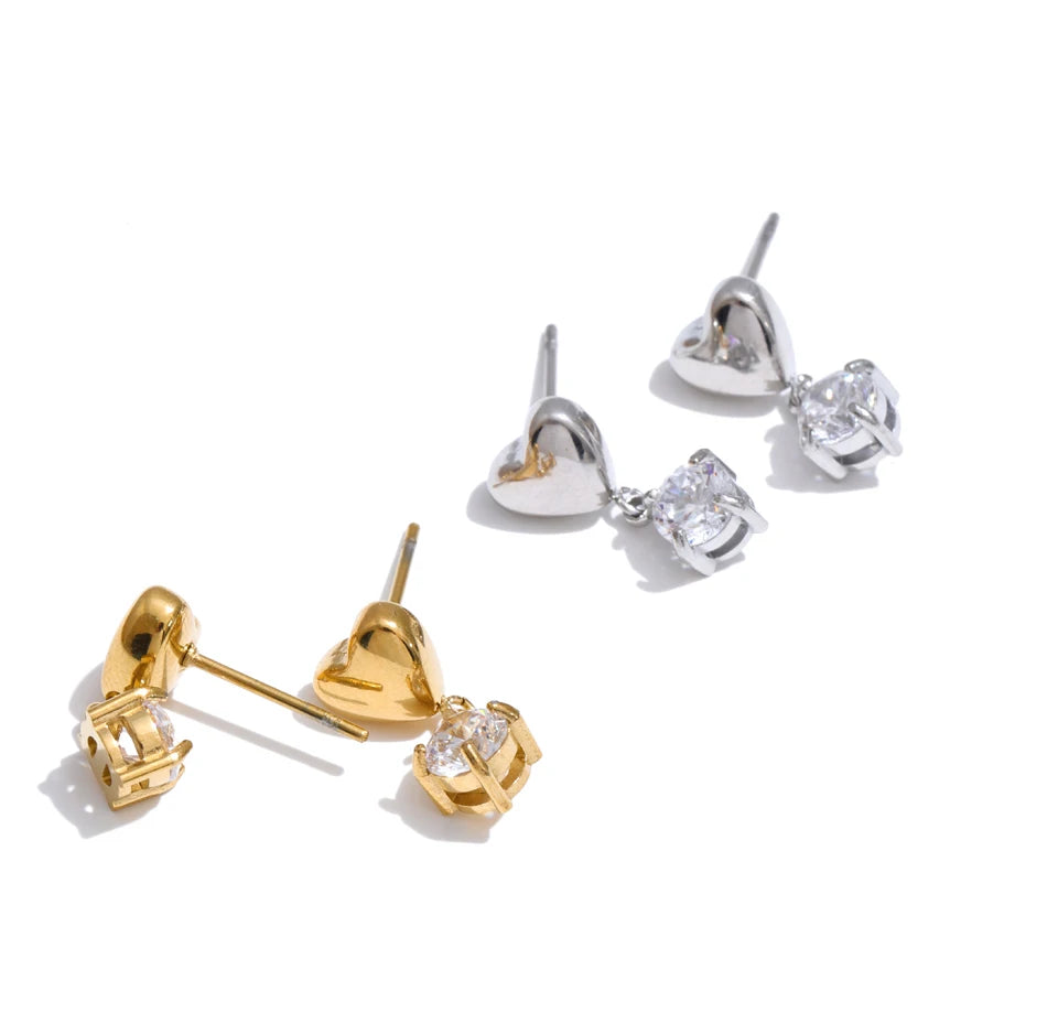 Cubic Zirconia Heart Earrings — Gold-Plated Stainless Steel with Cubic Zirconia · PS1244
