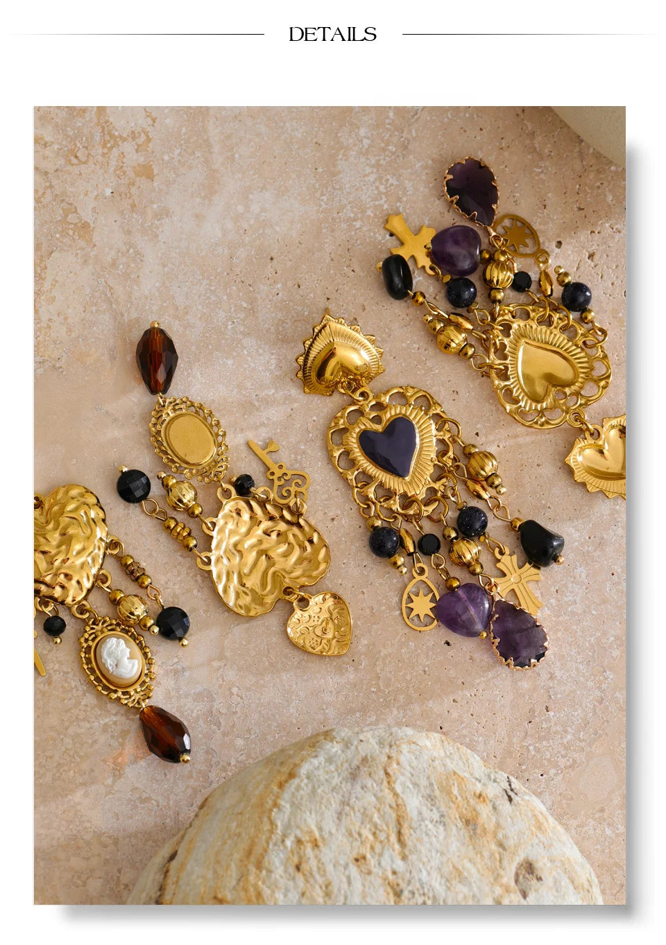Resin Heart Cross Earrings — Gold-Plated Stainless Steel with Resin