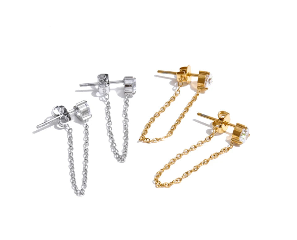 Cubic Zirconia Geometric Chain Earrings — Gold-Plated Stainless Steel with Cubic Zirconia · PS1323