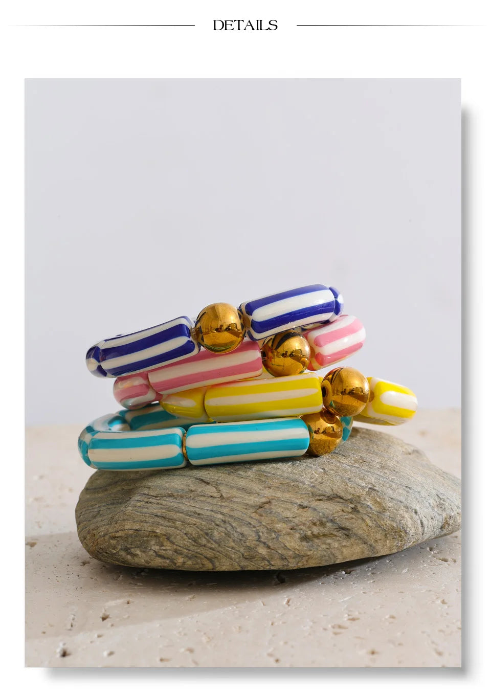 Resin acrylic multi-color bracelet in gold-plated stainless steel with resin and acrylic.