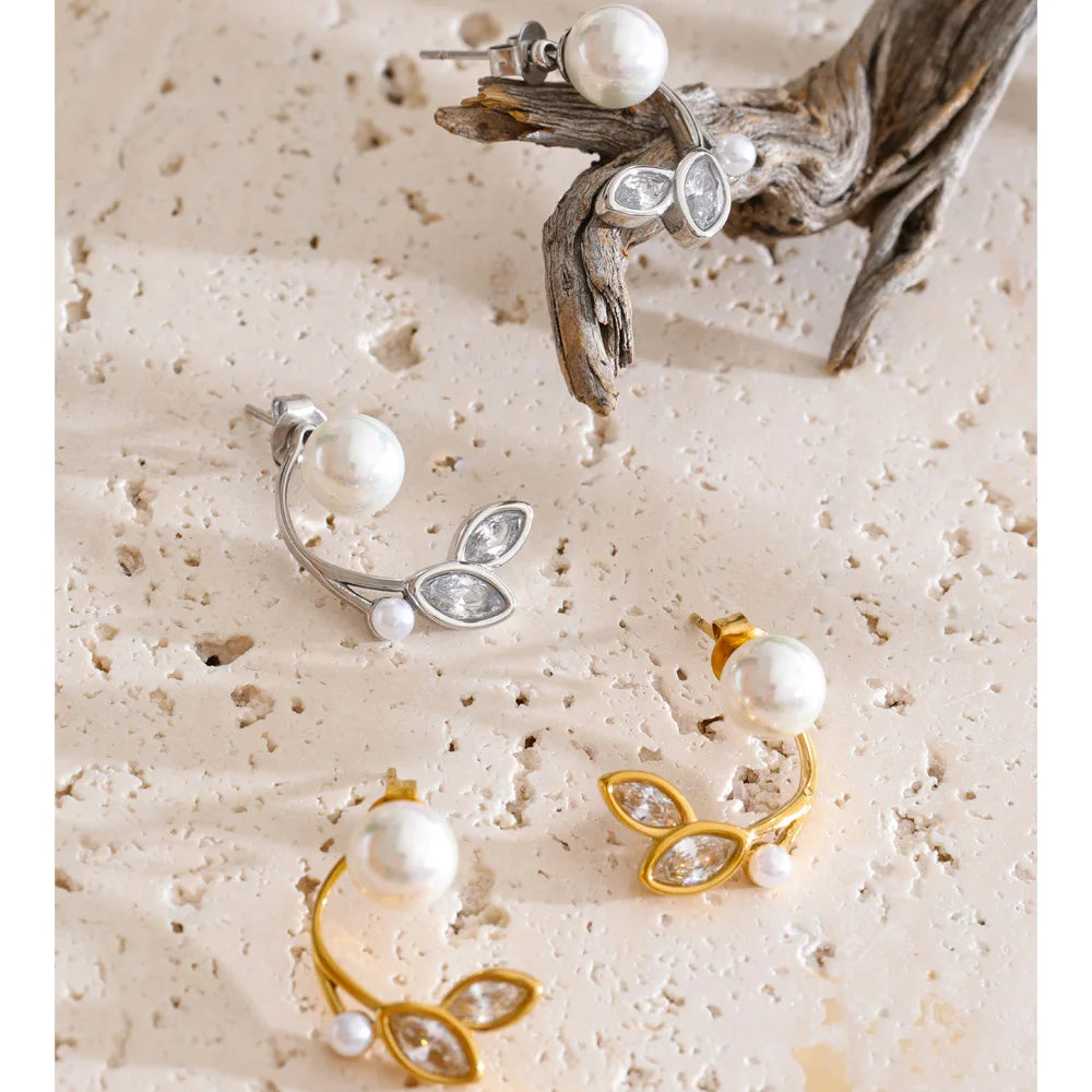 Cubic Zirconia Pearl Geometric Earrings — Gold-Plated Stainless Steel with Pearl and Cubic Zirconia · PS1303