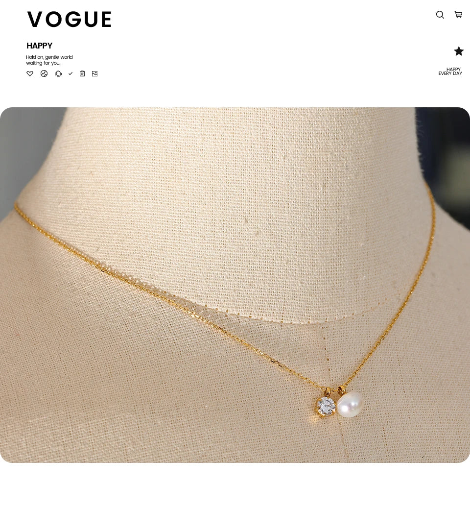 Cubic zirconia pearl geometric necklace in gold-plated stainless steel with pearl and cubic zirconia.