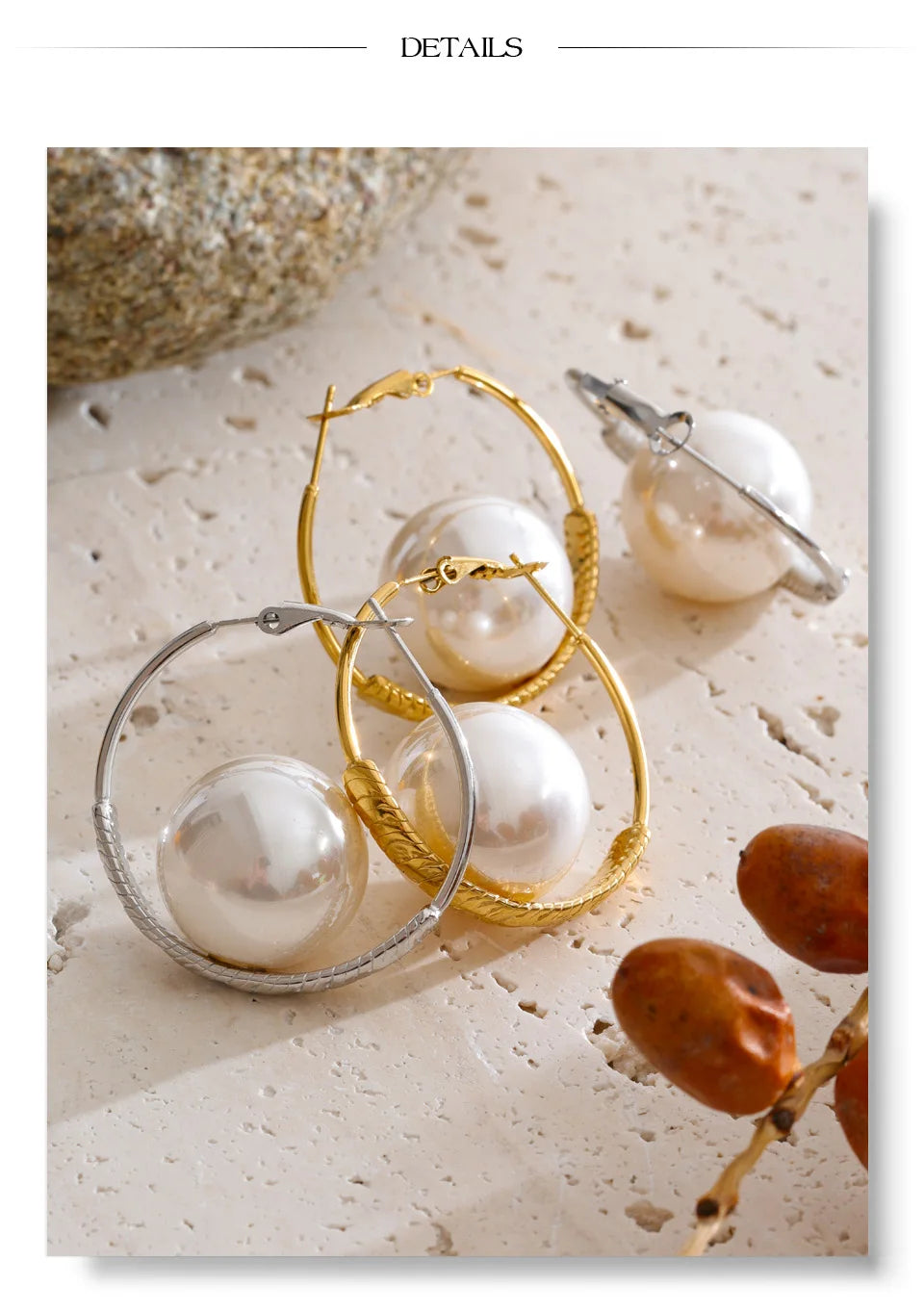 Pearl geometric earrings in gold-plated stainless steel with pearl.