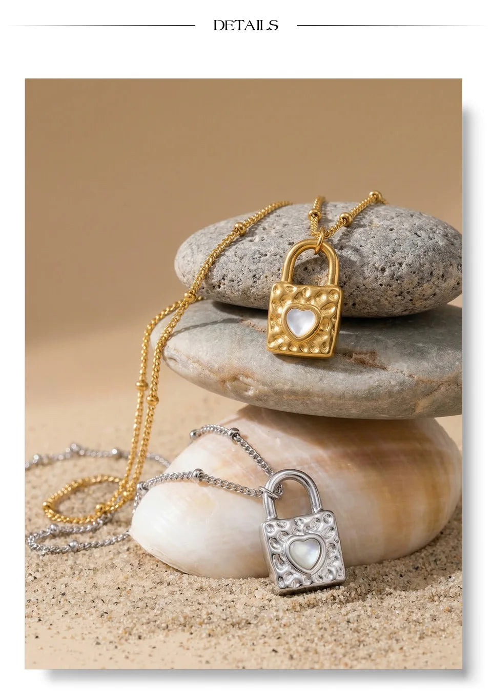 Shell heart geometric necklace in gold-plated stainless steel with shell.