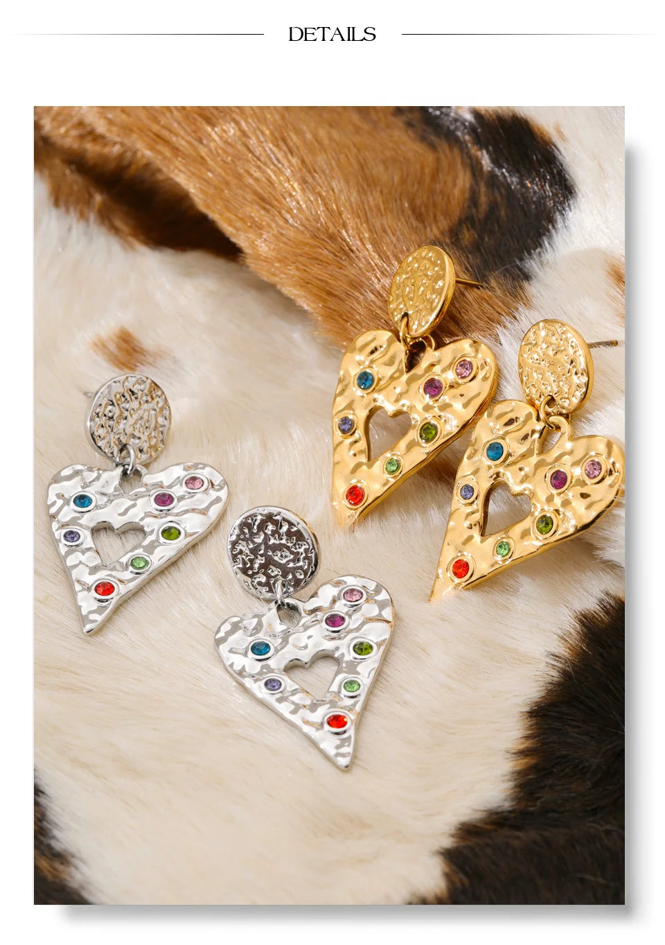 Cubic zirconia heart hammered earrings in gold-plated stainless steel with cubic zirconia.