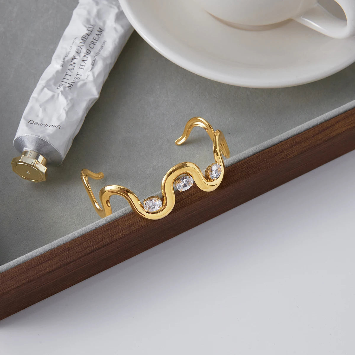 Wavy Crystal Cuff Bracelet — Stainless Steel · PS048