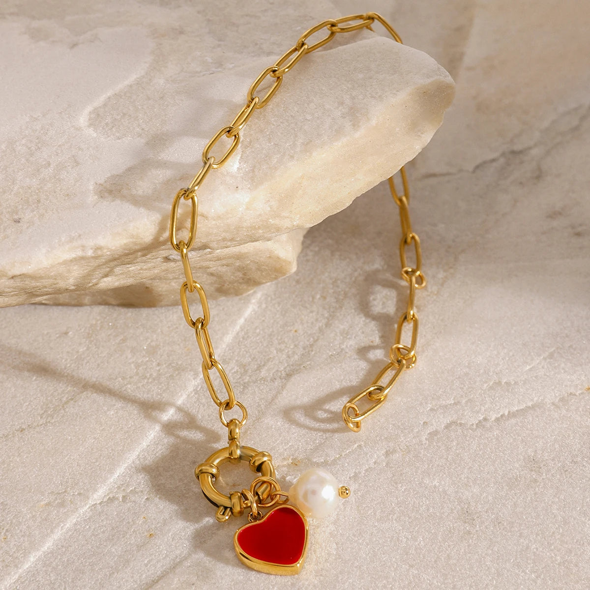 Heart Pearl Chain Bracelet — Stainless Steel · PS032