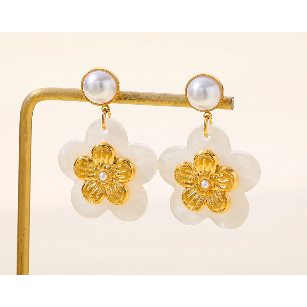 Drop Earrings Acrylic Flower Pearl — 316L Stainless Steel · PS391