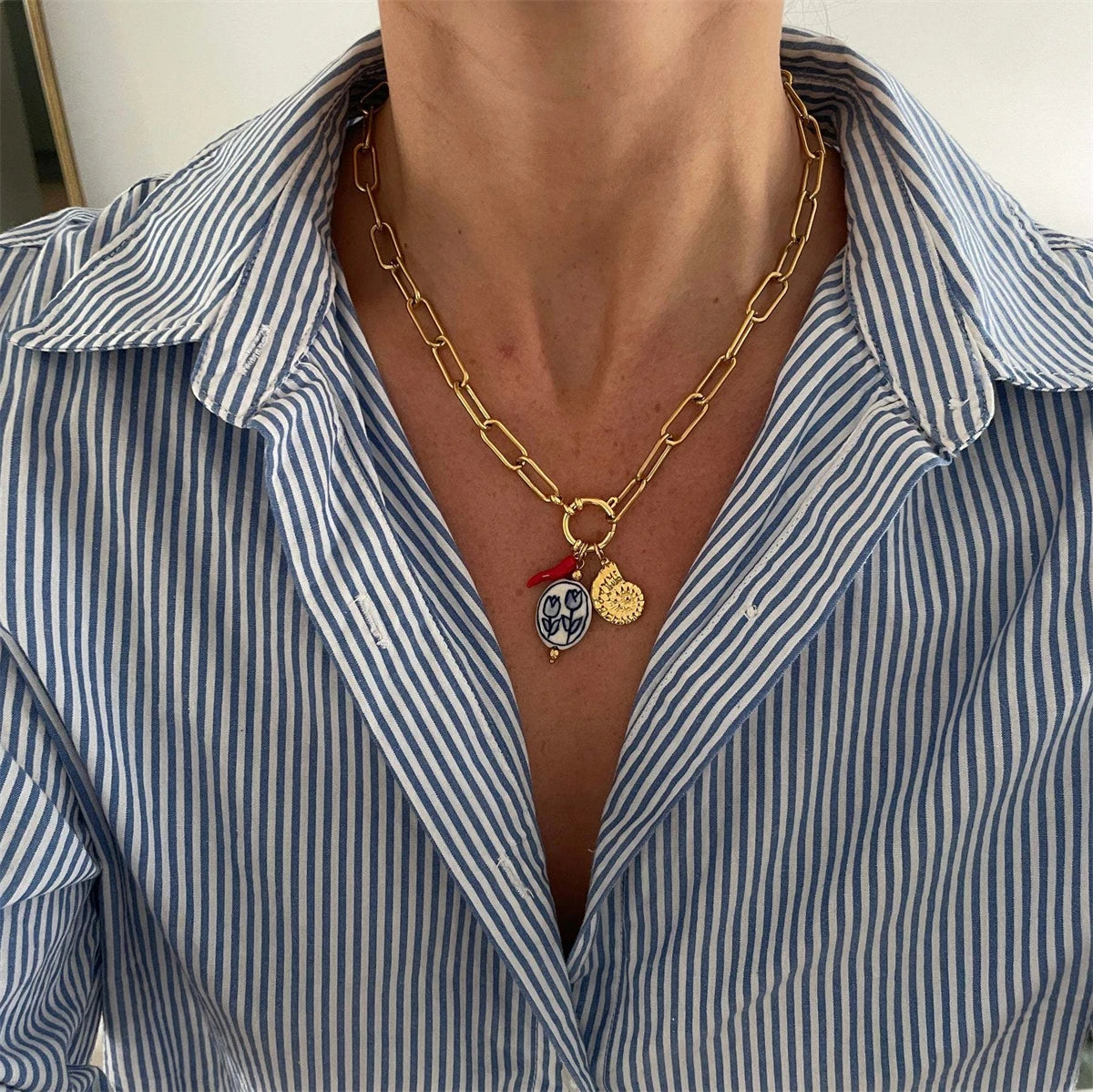 Stainless steel fruit heart boots ins high-end feeling collarbone chain pearl starfish gold-plated color preservation