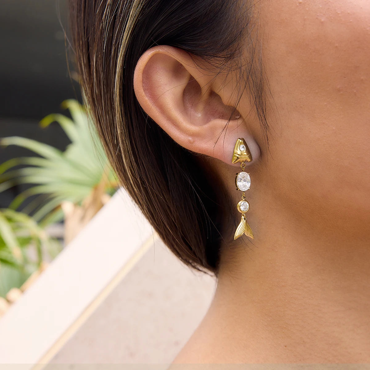 Fish Pendant CZ Earrings — Stainless Steel · PS305