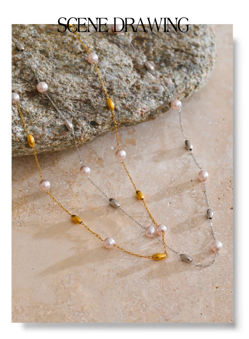 Pearl beaded geometric necklace in gold-plated stainless steel with pearl.