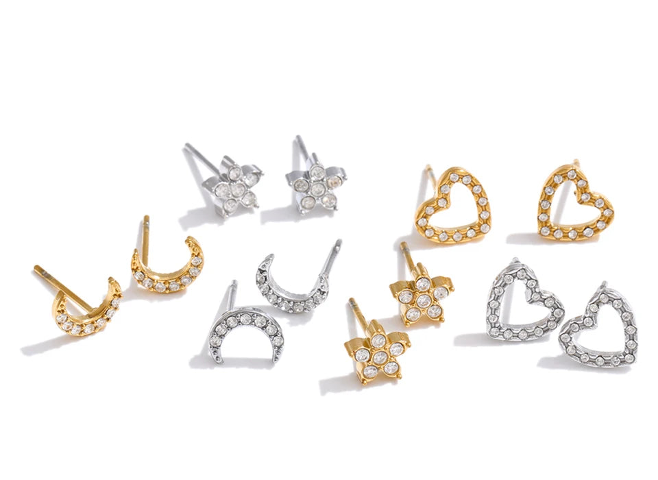 Cubic Zirconia Heart Star Earrings — Gold-Plated Stainless Steel with Cubic Zirconia · PS1112
