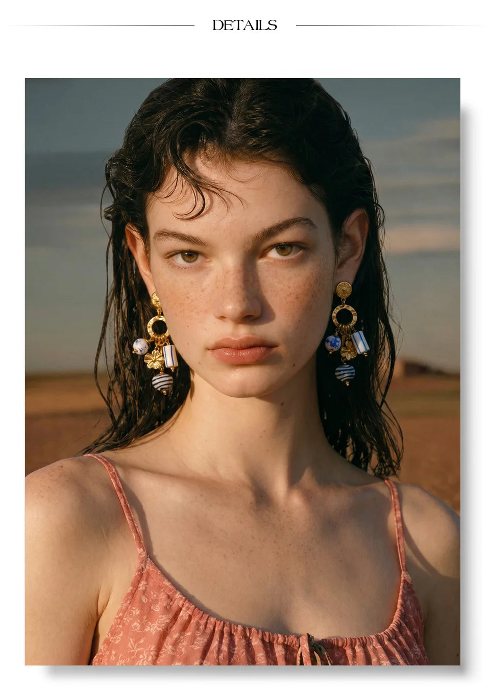Blue heart flower earrings in gold-plated stainless steel.