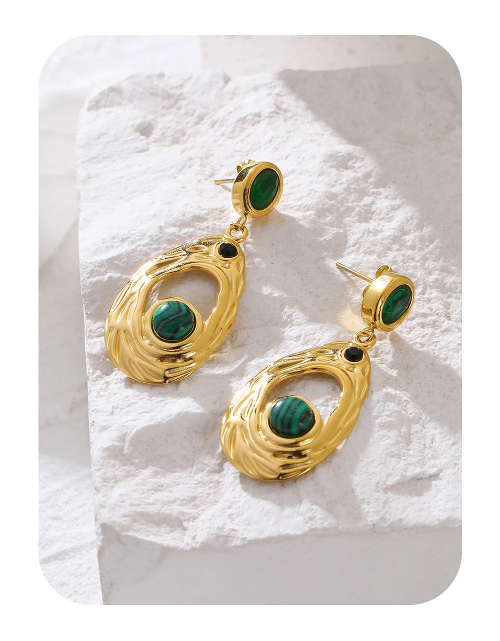 Drop Earrings Green Stone Zircon Irregular Dangle — 316L Stainless Steel · PS424
