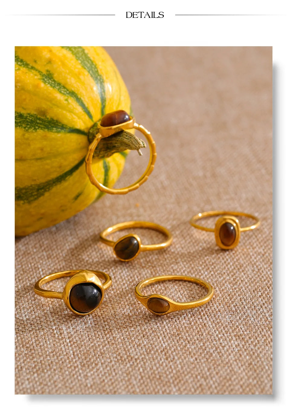 Natural stone geometric ring in 18K gold-plated stainless steel with natural stone.