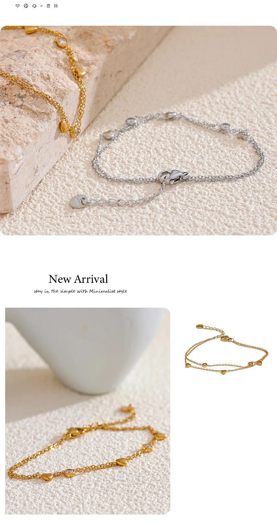 Cubic zirconia heart chain necklace in gold-plated stainless steel with cubic zirconia.