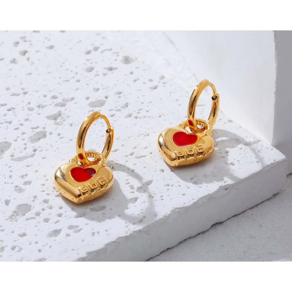 Hoop Earrings Red Enamel Heart — 316L Stainless Steel · PS384