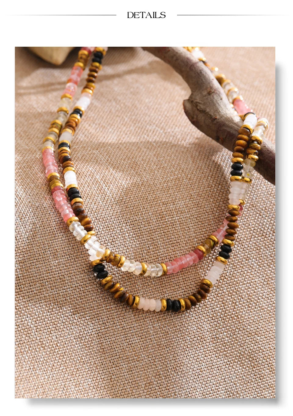 Pink natural stone beaded necklace in gold-plated stainless steel with natural stone.