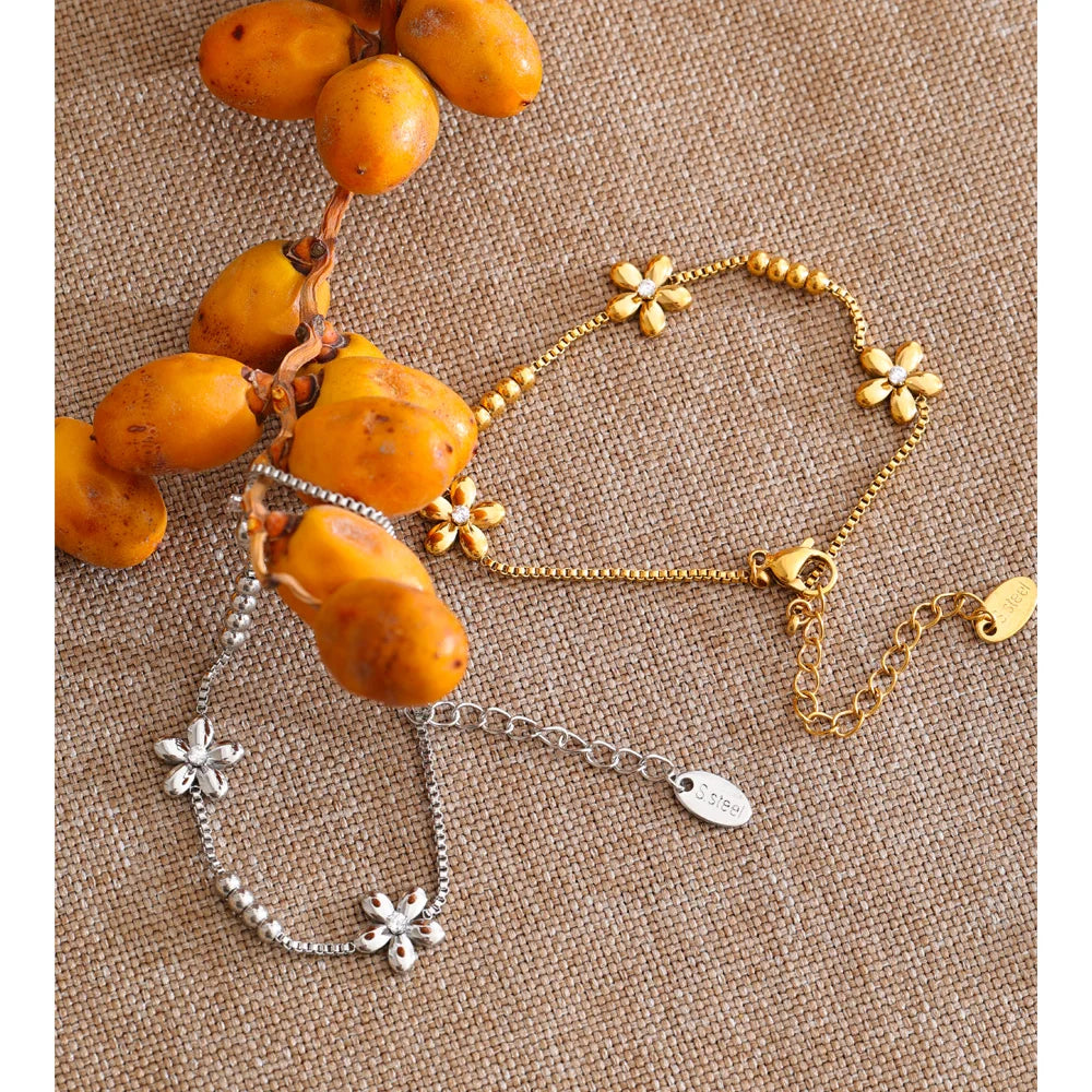 Cubic Zirconia Flower Geometric Bracelet — Gold-Plated Stainless Steel with Cubic Zirconia · PS1032