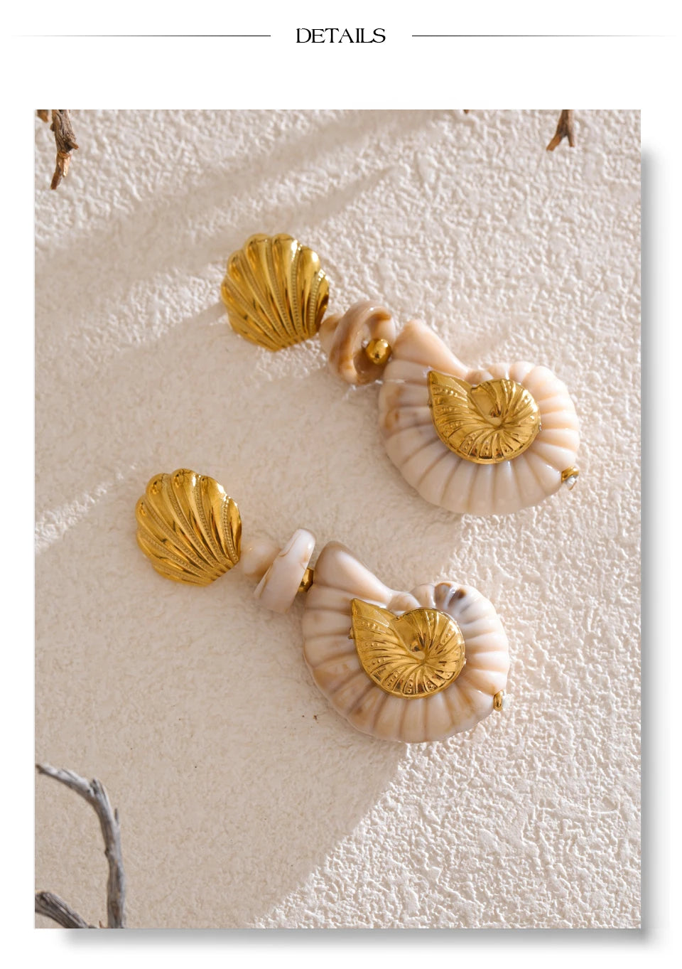 Shell resin geometric earrings in gold-plated stainless steel with shell and resin.
