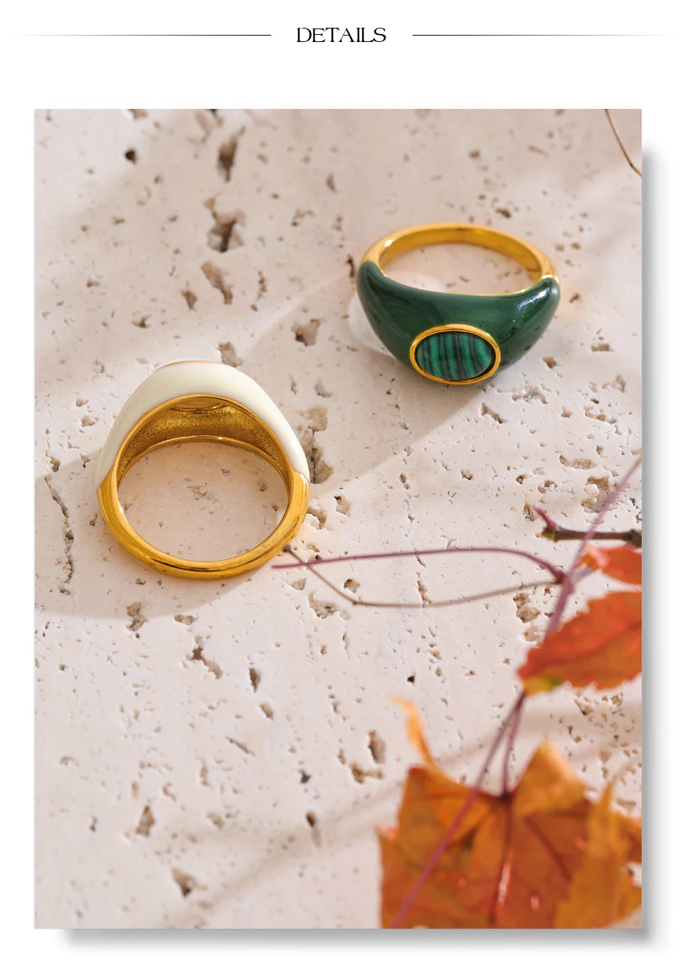 White shell enamel ring in 18K gold-plated stainless steel with natural stone and shell.