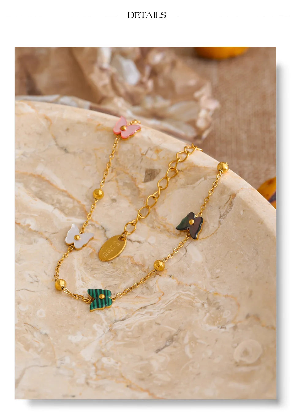 Shell Natural Stone Butterfly Bracelet — Gold-Plated Stainless Steel with Natural Stone and Shell · PS1015