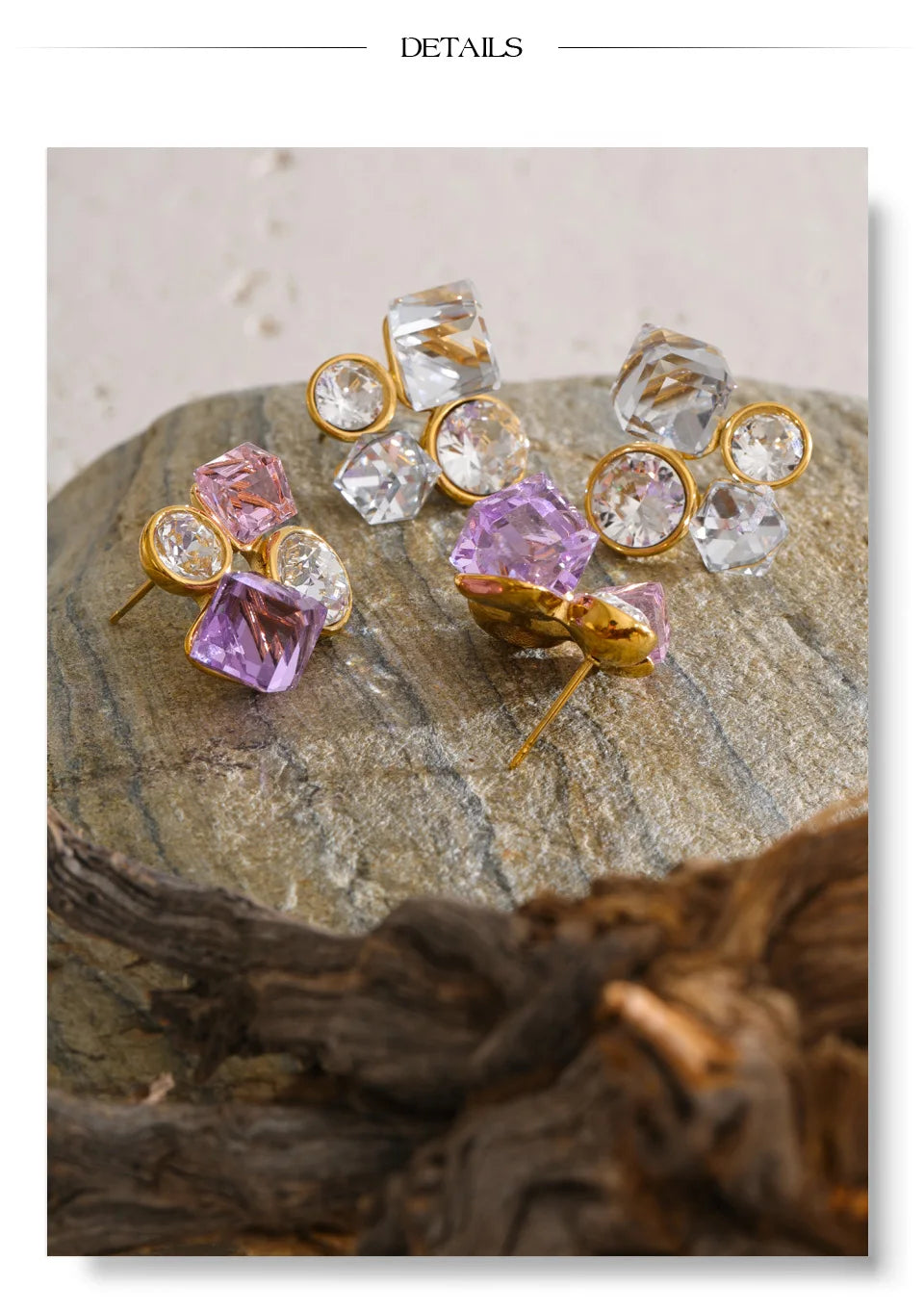 White crystal geometric earrings in gold-plated stainless steel with crystal.