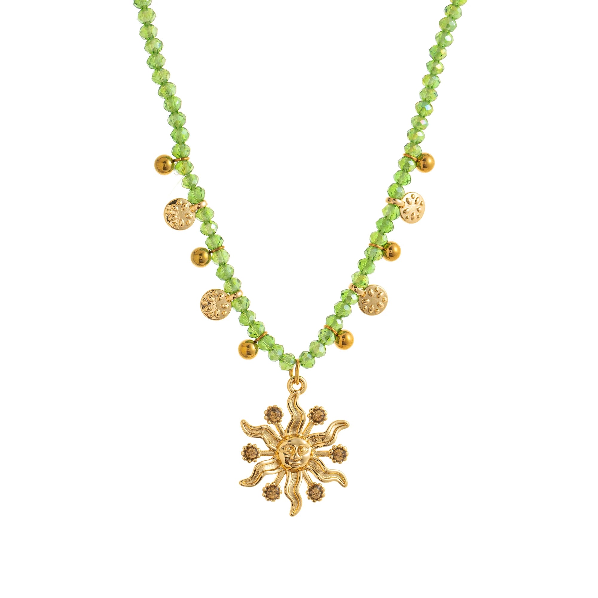Vintage Sun Natural Stone Necklace Beaded Clavicle Chain Gold Coin Pendant Gold Plated Color Preserving