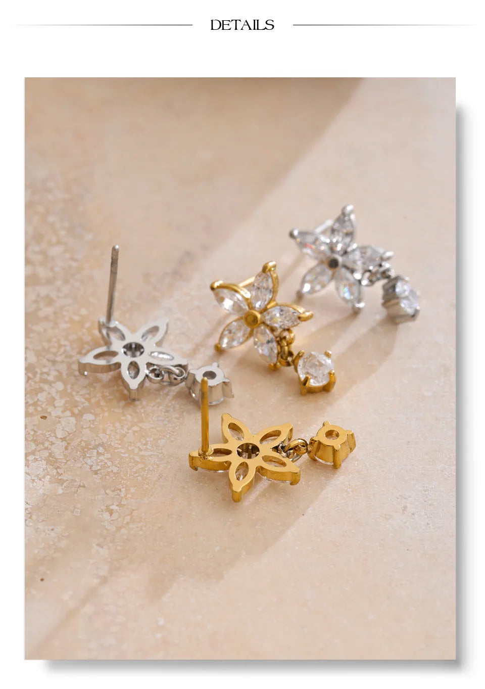 Cubic Zirconia Flower Earrings — Gold-Plated Stainless Steel with Cubic Zirconia · PS932