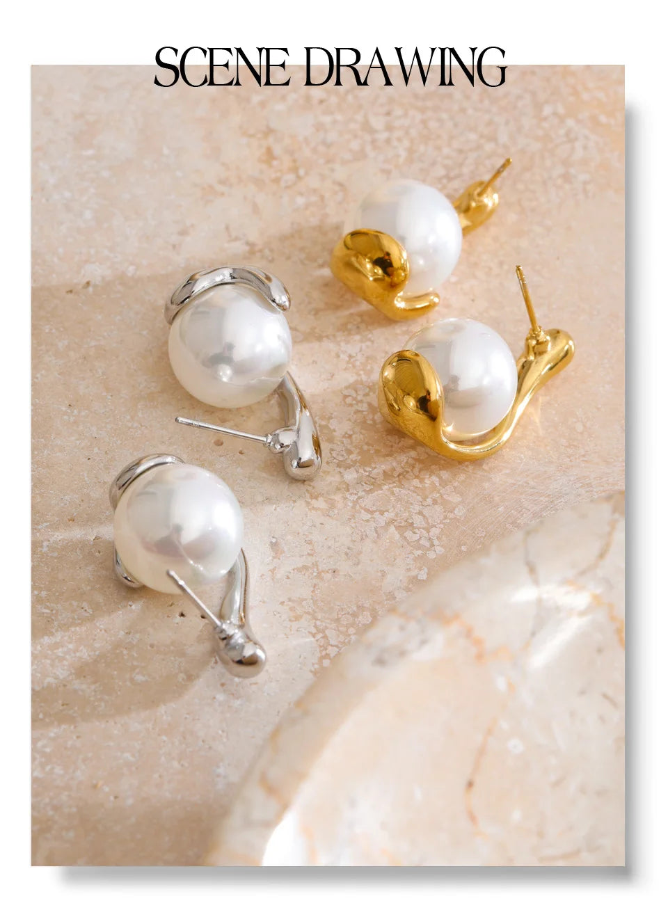 Pearl geometric earrings in gold-plated stainless steel with pearl.