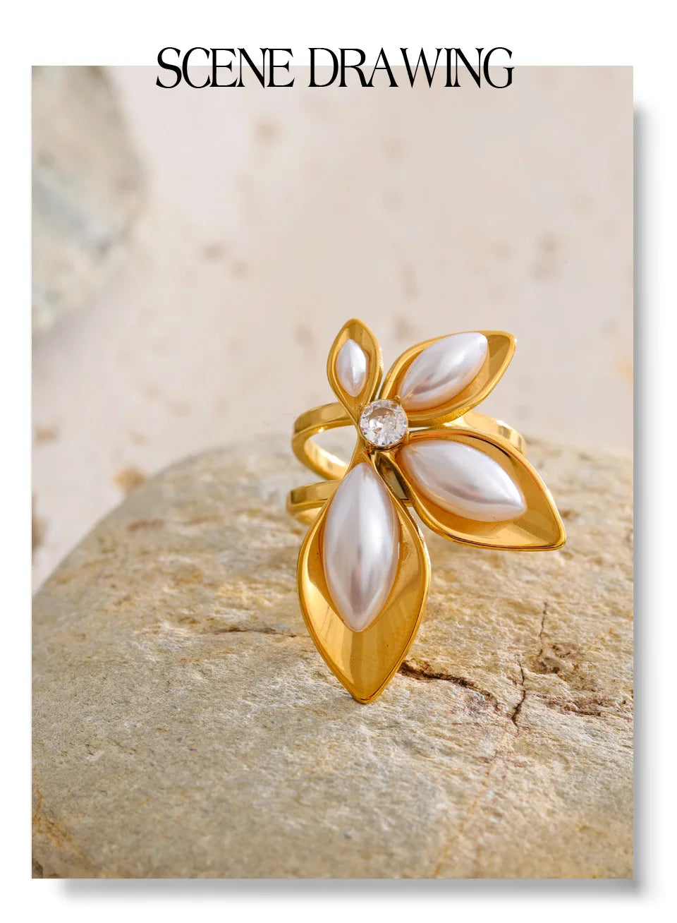 Pearl flower ring in 18K gold-plated stainless steel with pearl.