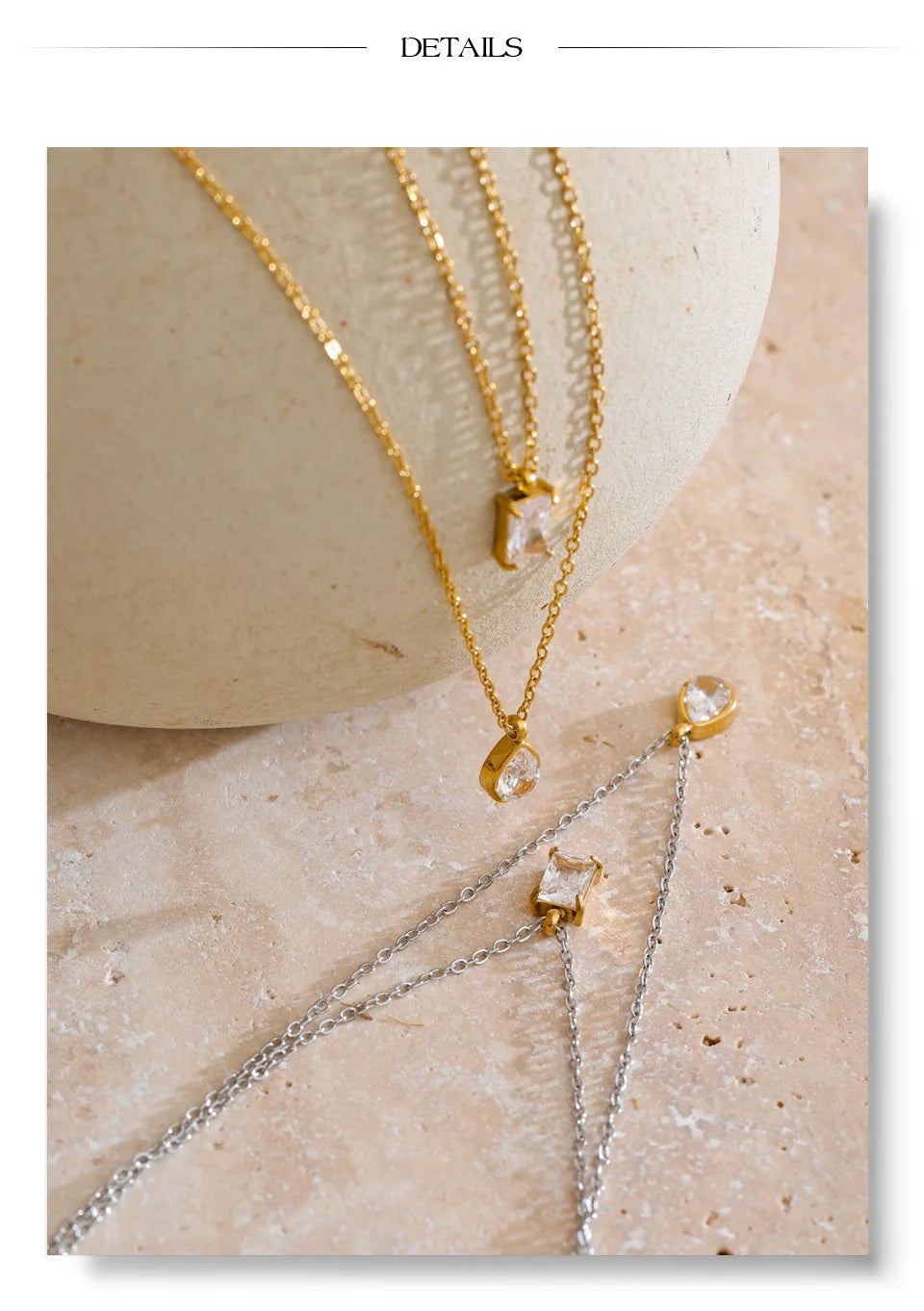 Cubic zirconia geometric layered necklace in gold-plated stainless steel with cubic zirconia.