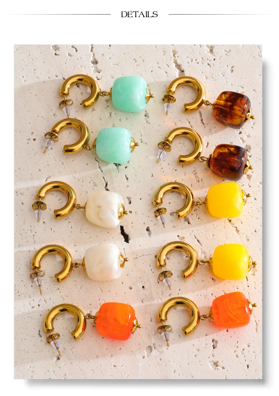 Resin acrylic geometric earrings in gold-plated stainless steel with resin and acrylic.