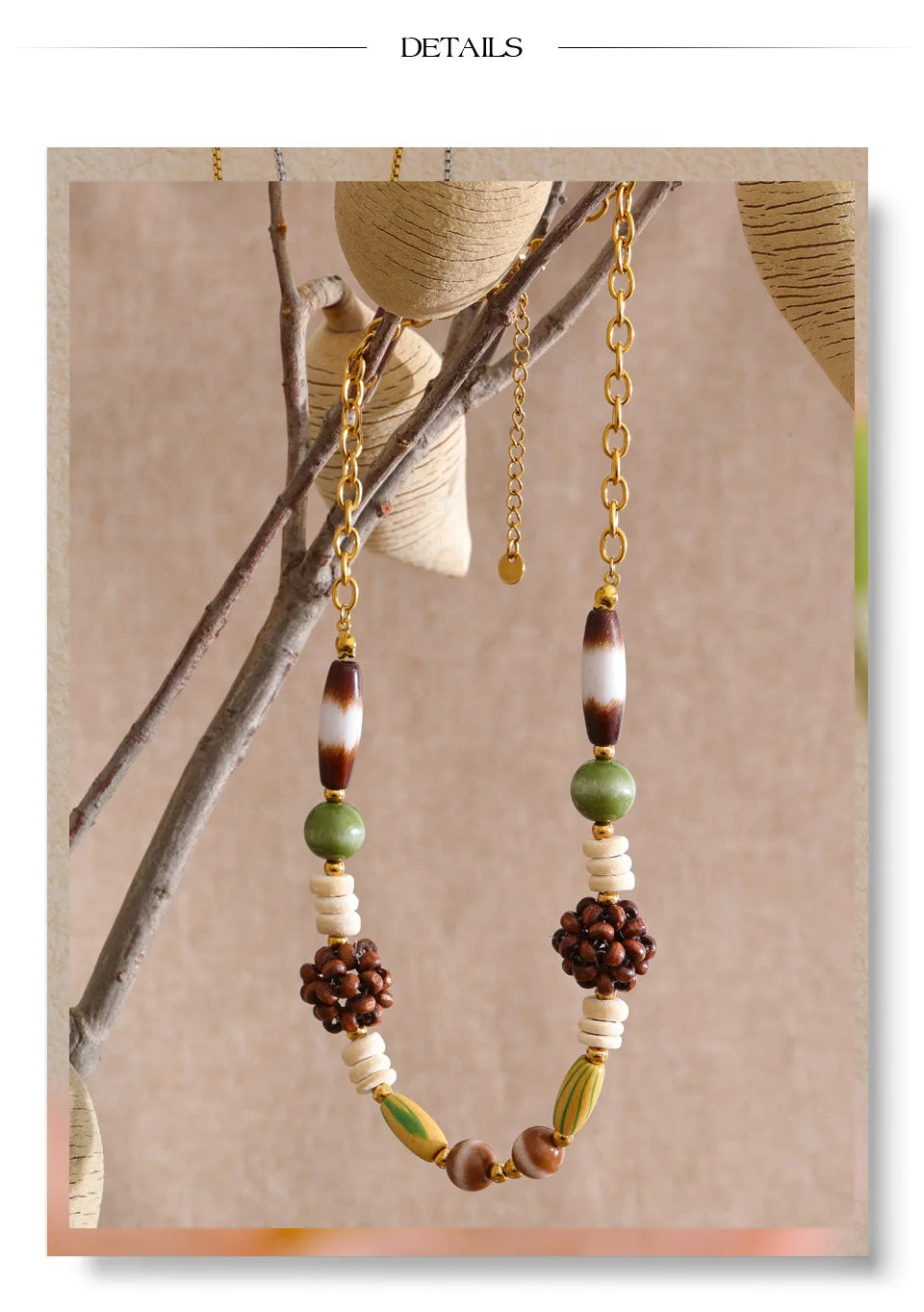 Beaded geometric chain necklace in gold-plated stainless steel.