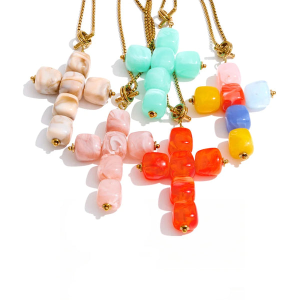 Gold-plated stainless steel necklace with resin and acrylic beads in various colors.