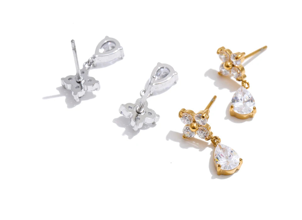 Cubic Zirconia Flower Earrings — Gold-Plated Stainless Steel with Cubic Zirconia · PS1166