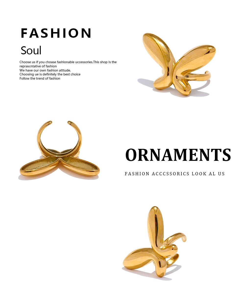 Butterfly minimalist geometric ring in 18K gold-plated 316L stainless steel.